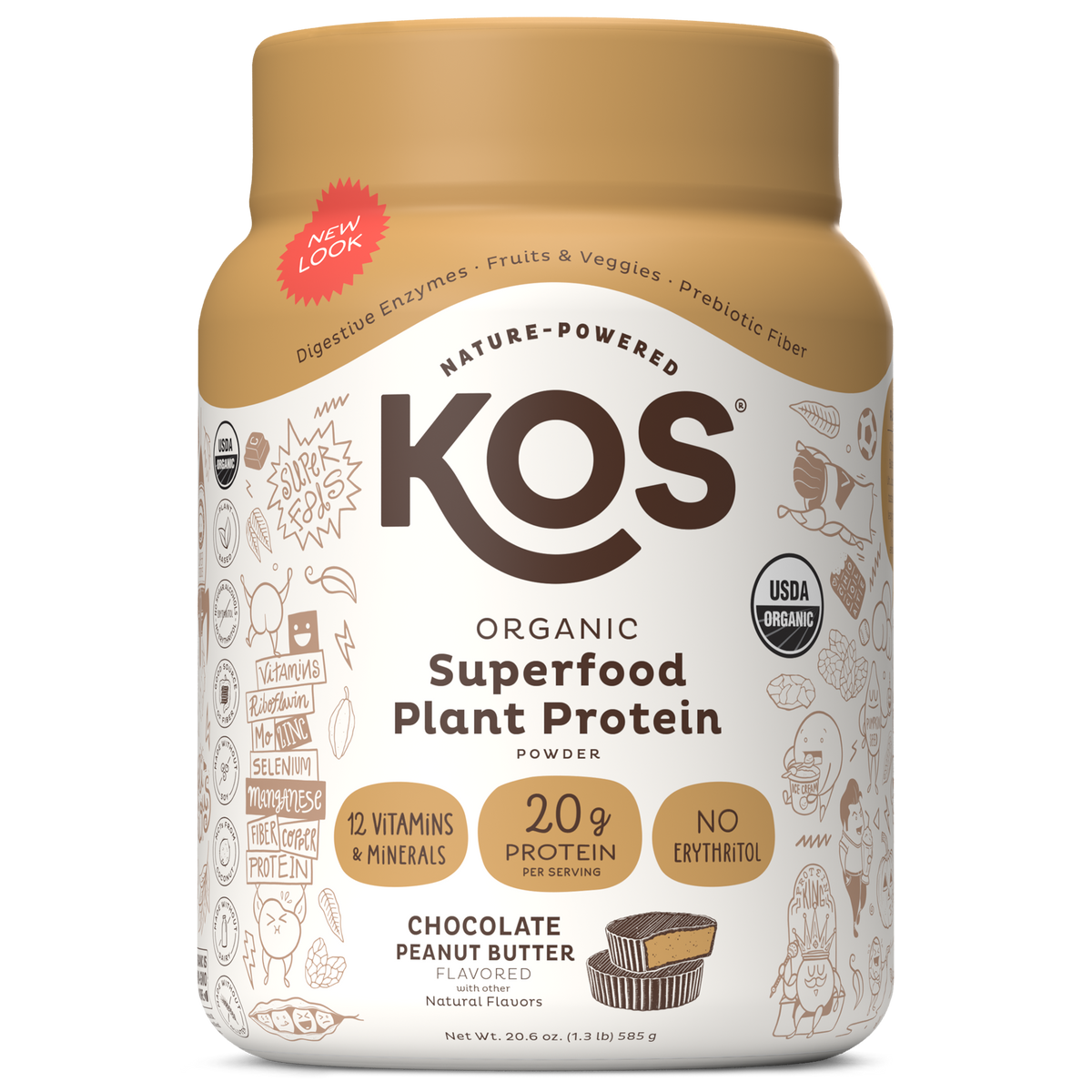 Proteína Vegetal Orgánica KOS Chocolate con Mantequilla de Maní 20 g por Porción, 15 Porciones (20.6 oz)