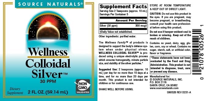Wellness Colloidal Silver™ 30 ppm 2 fl oz de Source Naturals — vista posterior