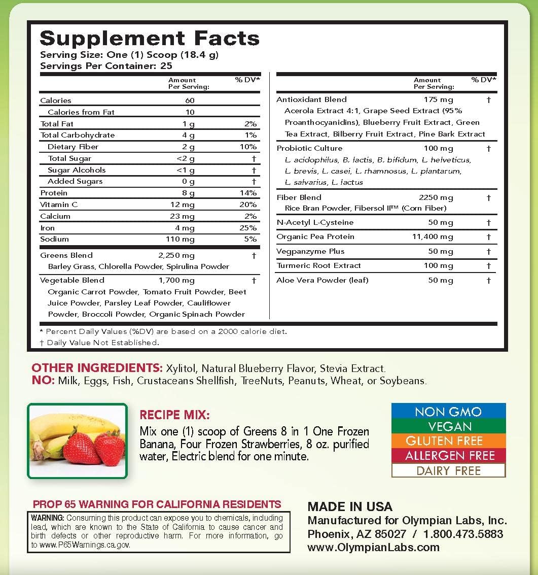 Greens Protein 8 in 1 – Olympian Labs (365 gm) — etiqueta del producto