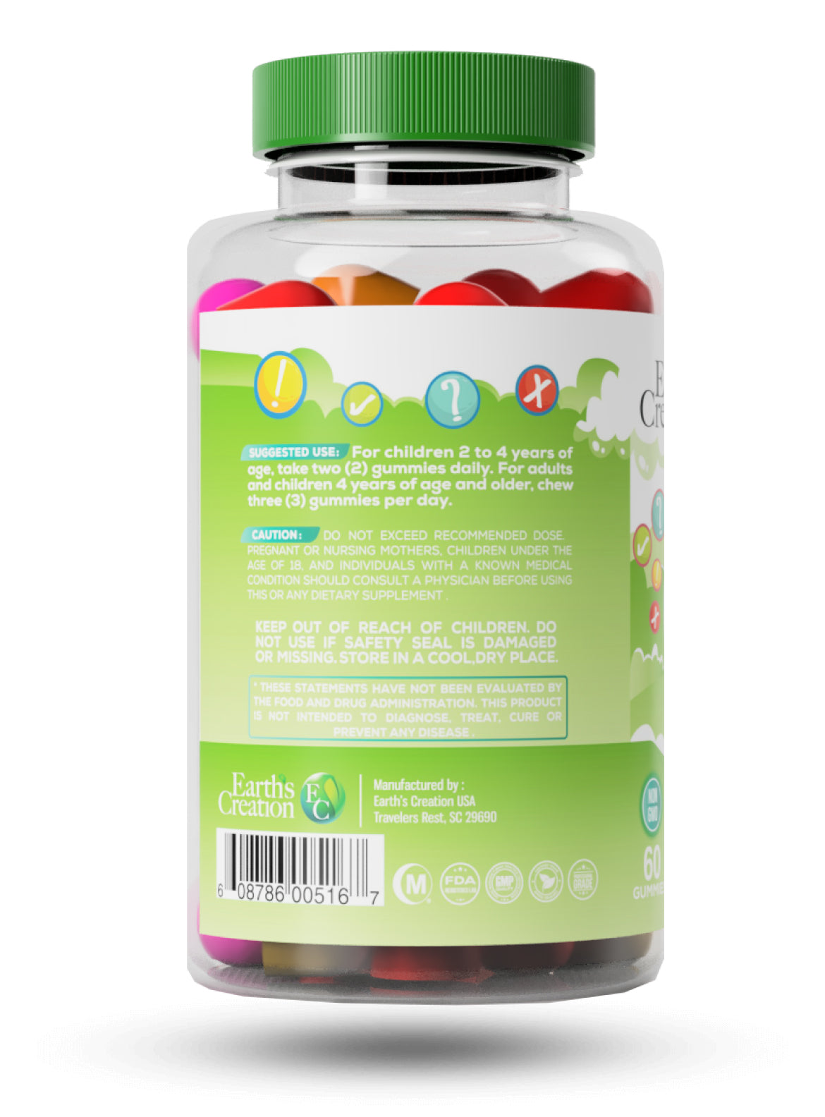 Multivitamínico para niños en gomitas Earth's Creation sabor Sour Berry, 60 gomitas — etiqueta con los ingredientes