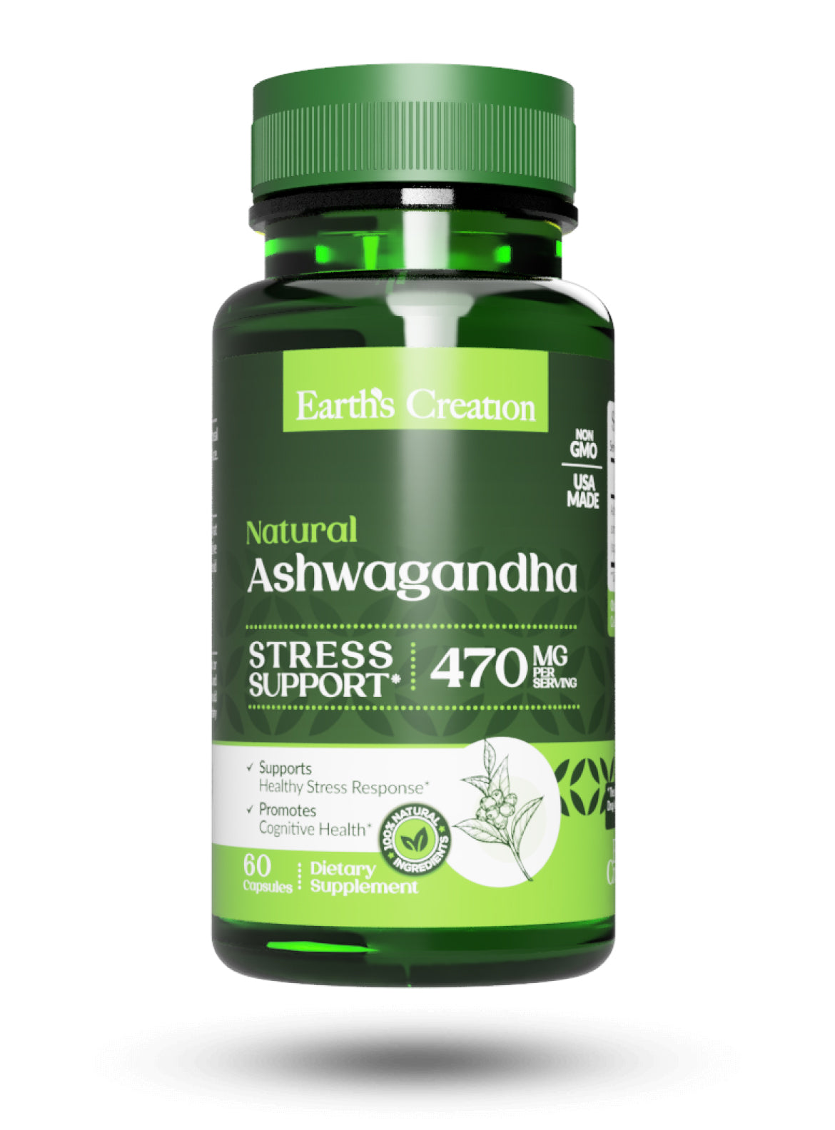 Ashwagandha 470 mg Earth's Creation para el estrés y la energía, 60 cápsulas (foto de archivo)