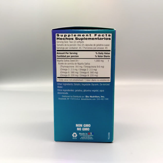 Bio Nutrition aceite de semilla negra 1000 mg 90 softgels prensado en frío — vista posterior del envase (foto de archivo)
