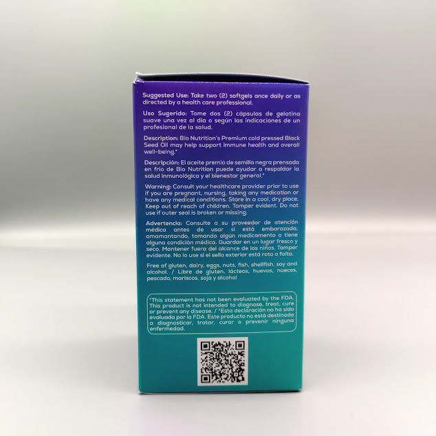 Bio Nutrition aceite de semilla negra 1000 mg 90 softgels prensado en frío — vista lateral (foto de archivo)