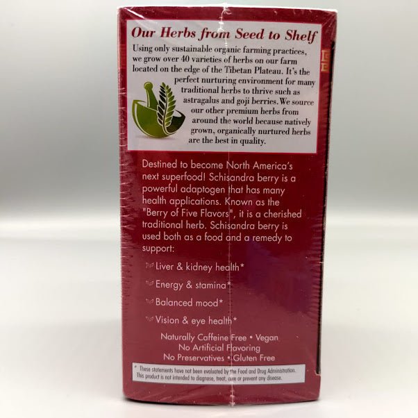 Costado de la caja de Schisandra Bravo Tea: Liver & kidney health*, Energy & stamina*, Balanced mood*, Vision & eye health*