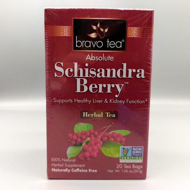 Frente de la caja Absolute Schisandra Berry de Bravo Tea: Supports Healthy Liver & Kidney Function*, 20 bolsitas