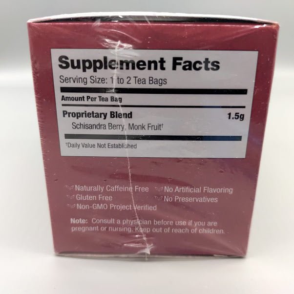 Supplement Facts del té de schisandra Bravo: mezcla de 1.5 g de baya de schisandra y fruta del monje