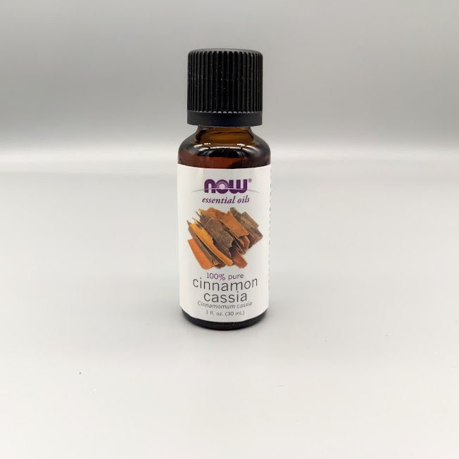Front of the NOW essential oils cinnamon cassia 100% pure bottle, Cinnamomum cassia, 1 fl. oz. (30 mL)