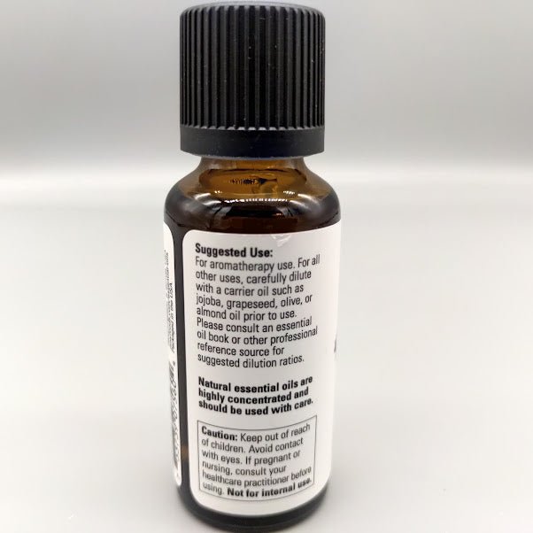 Back of the NOW lavender bottle: suggested use, carrier oil dilution and caution