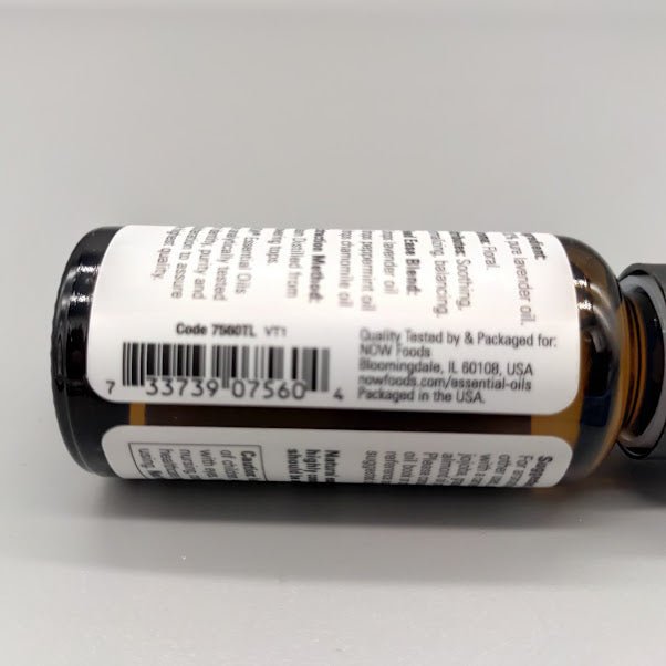 Bottom of the NOW lavender bottle: barcode and packaged for NOW Foods, Bloomingdale, IL