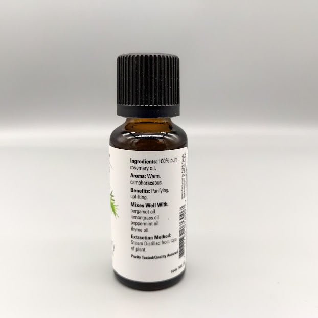NOW rosemary bottle: Ingredients, Aroma, Benefits: Purifying, uplifting, Mixes Well With and Extraction Method
