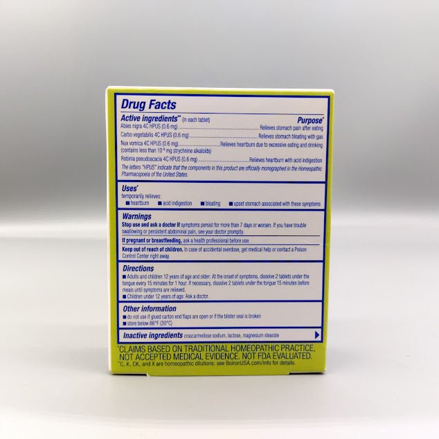 Acidil - Indigestion 60 Tablets de Boiron — etiqueta del producto (foto de archivo)
