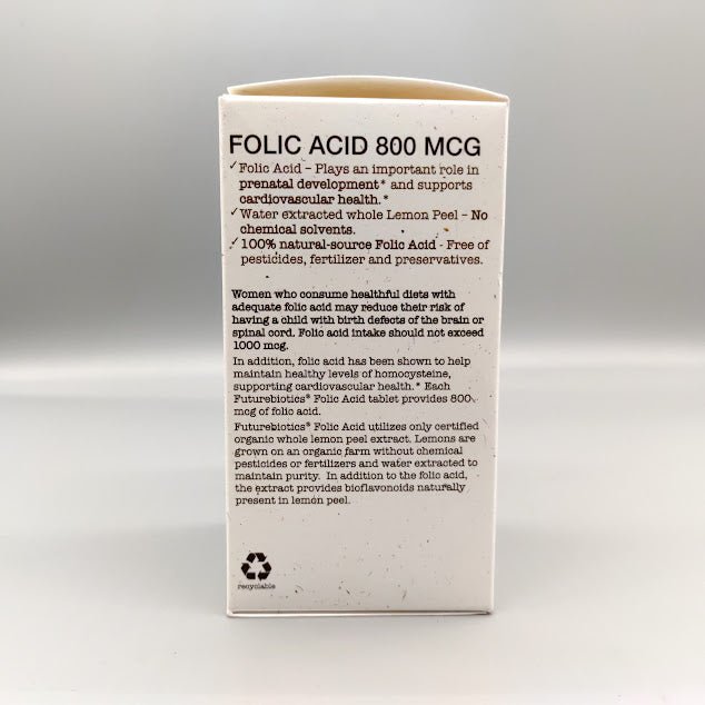 Ácido Fólico – 800mcg - 120 tabletas- Certificado Orgánico de Future Biotics — vista lateral del envase (foto de archivo)