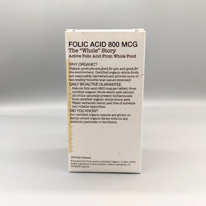 Ácido Fólico – 800mcg - 120 tabletas- Certificado Orgánico de Future Biotics — vista posterior del envase (foto de archivo)