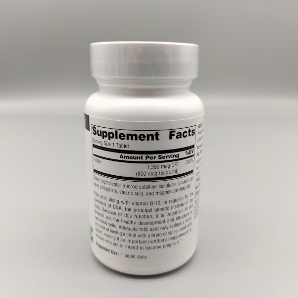 Ácido Fólico - 800MCG - 200 Tablets de Source Naturals — etiqueta con los ingredientes