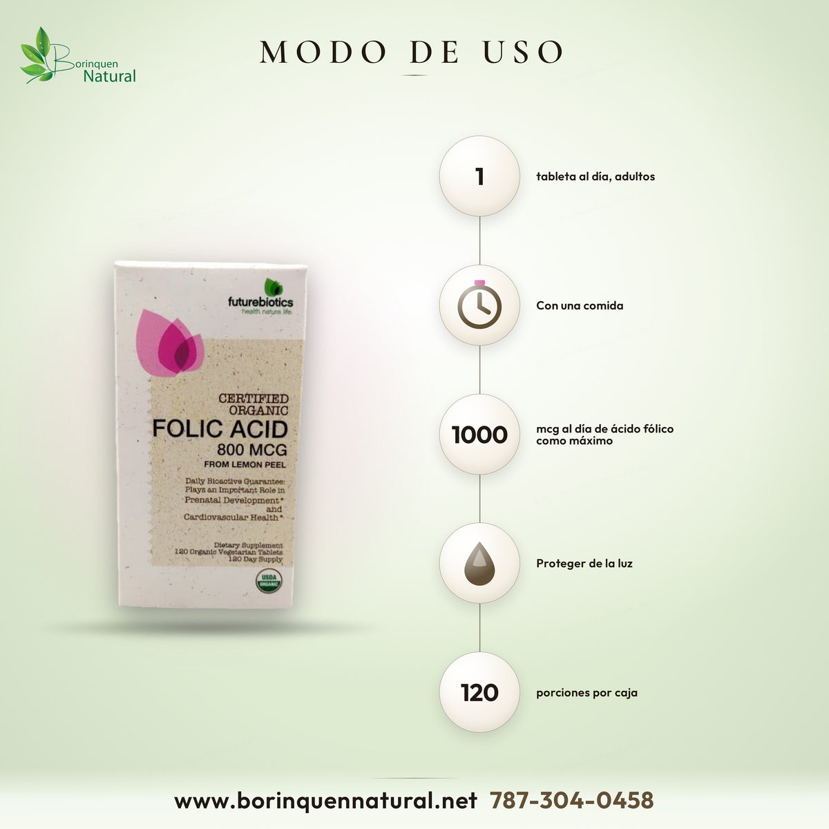 Modo de uso del ácido fólico de Futurebiotics: adultos, 1 tableta al día con una comida; proteger de la luz