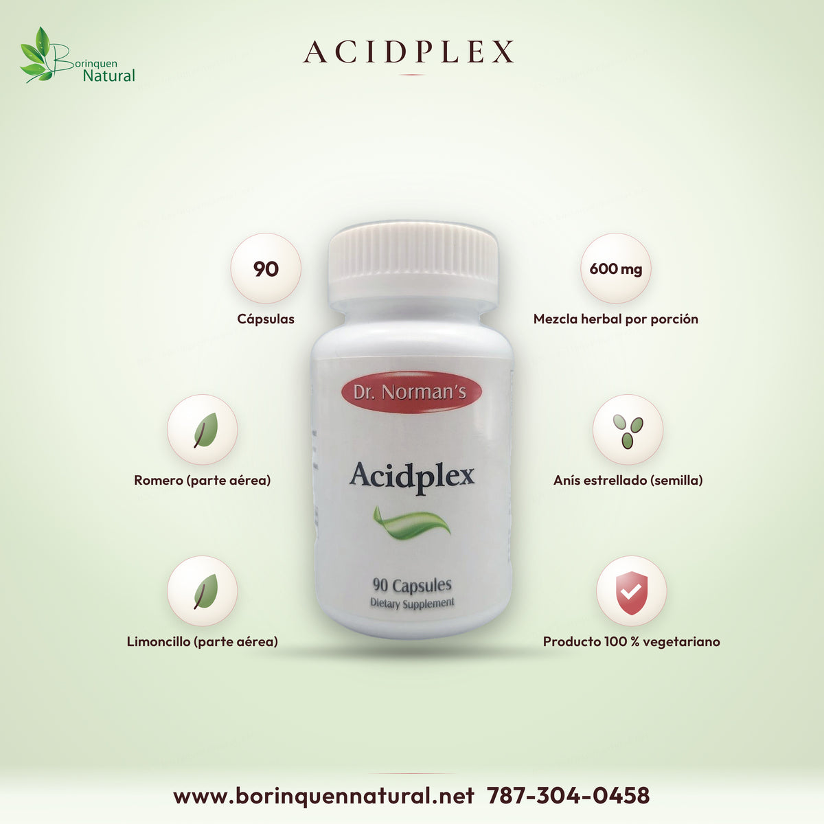 Acidplex de Dr. Norman's, suplemento dietético de 90 cápsulas con romero, anís estrellado y limoncillo