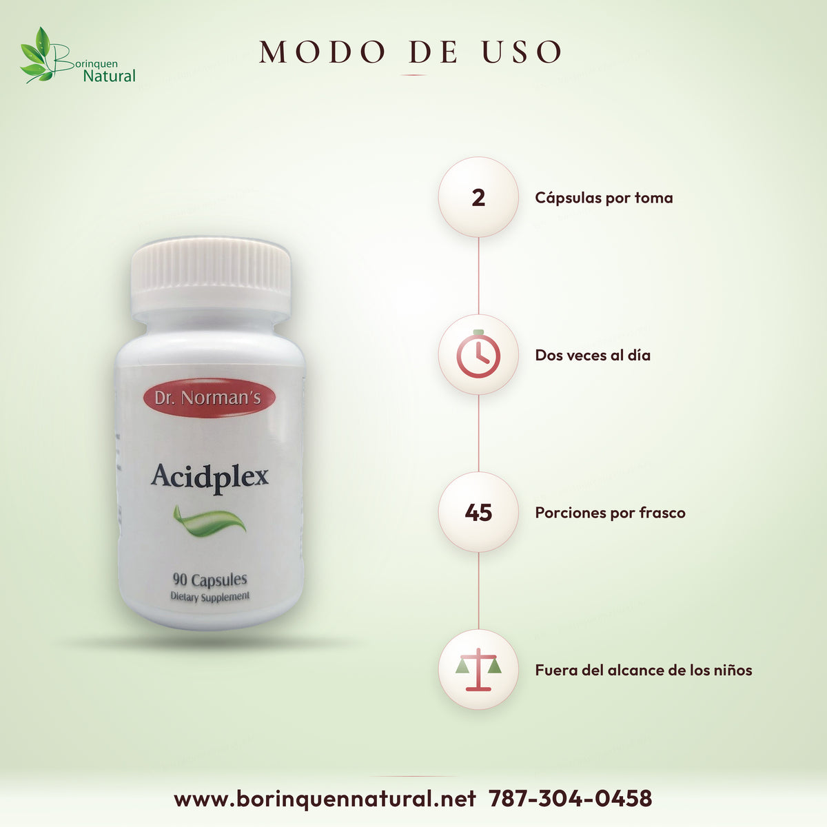 Modo de uso de Acidplex de Dr. Norman's: dos cápsulas dos veces al día; 45 porciones por frasco