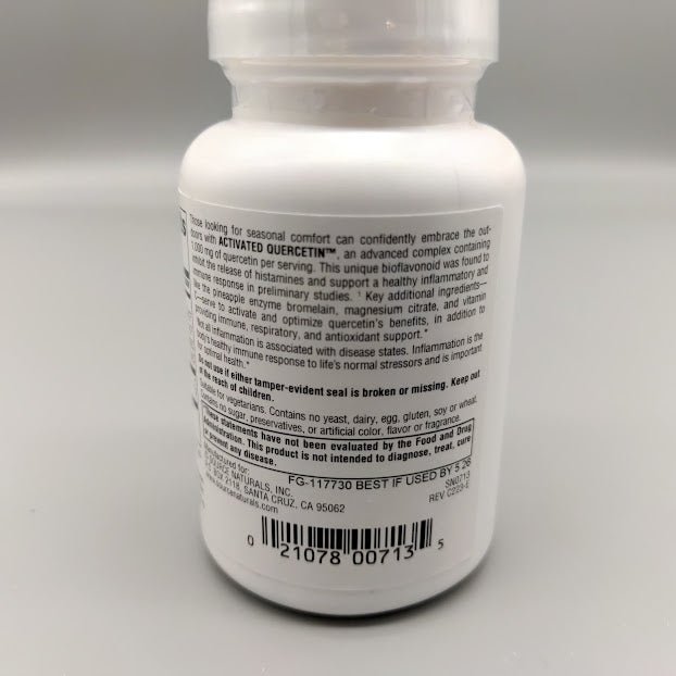 Activated Quercetin, 50 Tablets de Source Naturals — etiqueta con los ingredientes