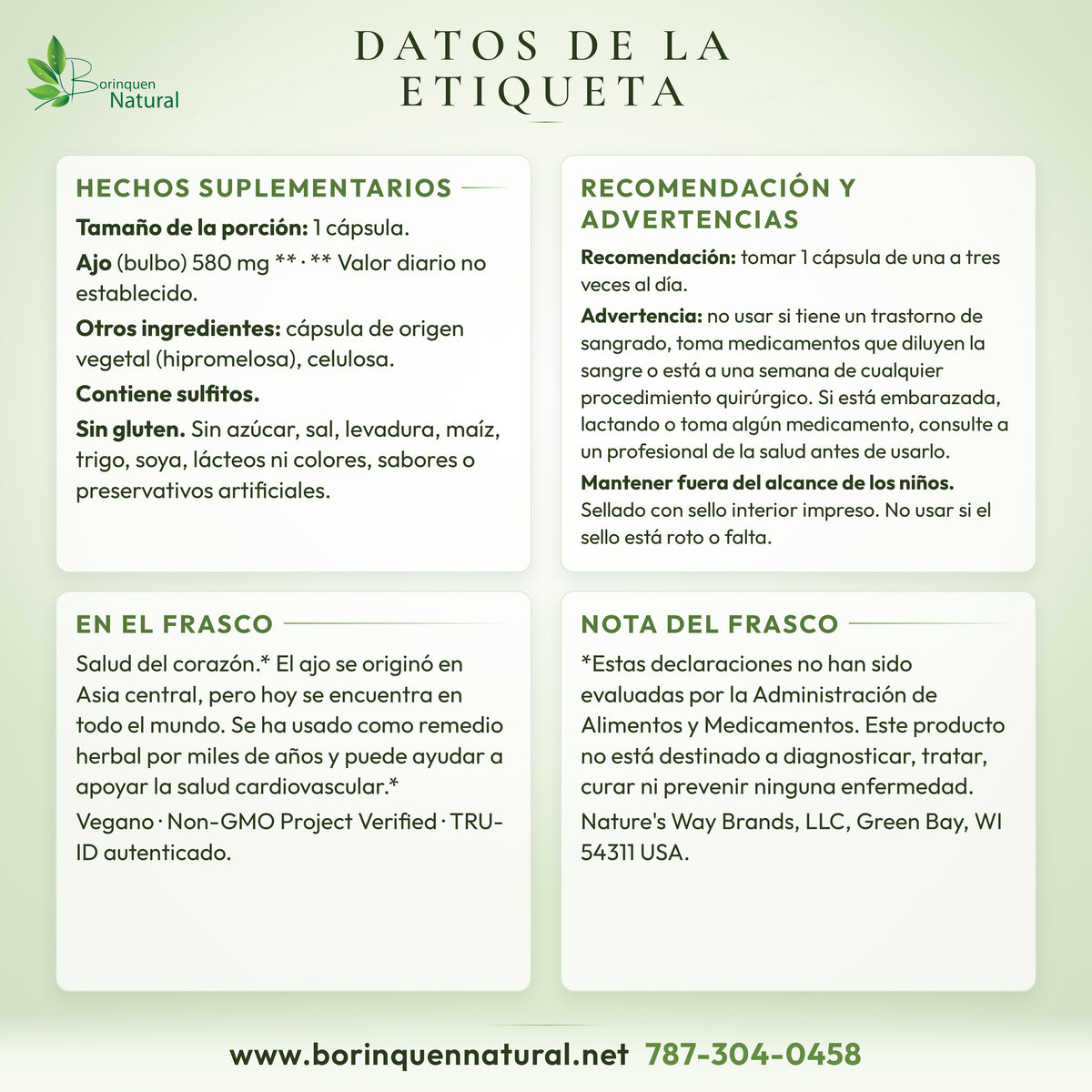 Nature's Way Garlic label facts: supplement facts, recommendation, warnings and FDA note