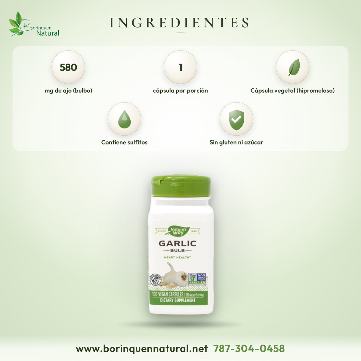Nature's Way Garlic ingredients: 580 mg garlic (bulb), hypromellose plant capsule, contains sulfites, gluten free