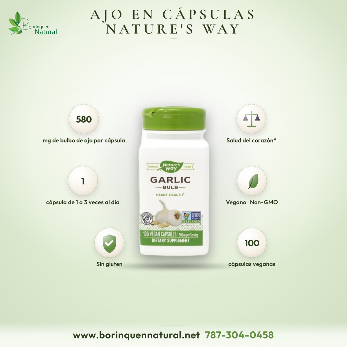 Nature's Way garlic capsules graphic: 580 mg garlic bulb per capsule, 1 to 3 times a day, 100 vegan capsules