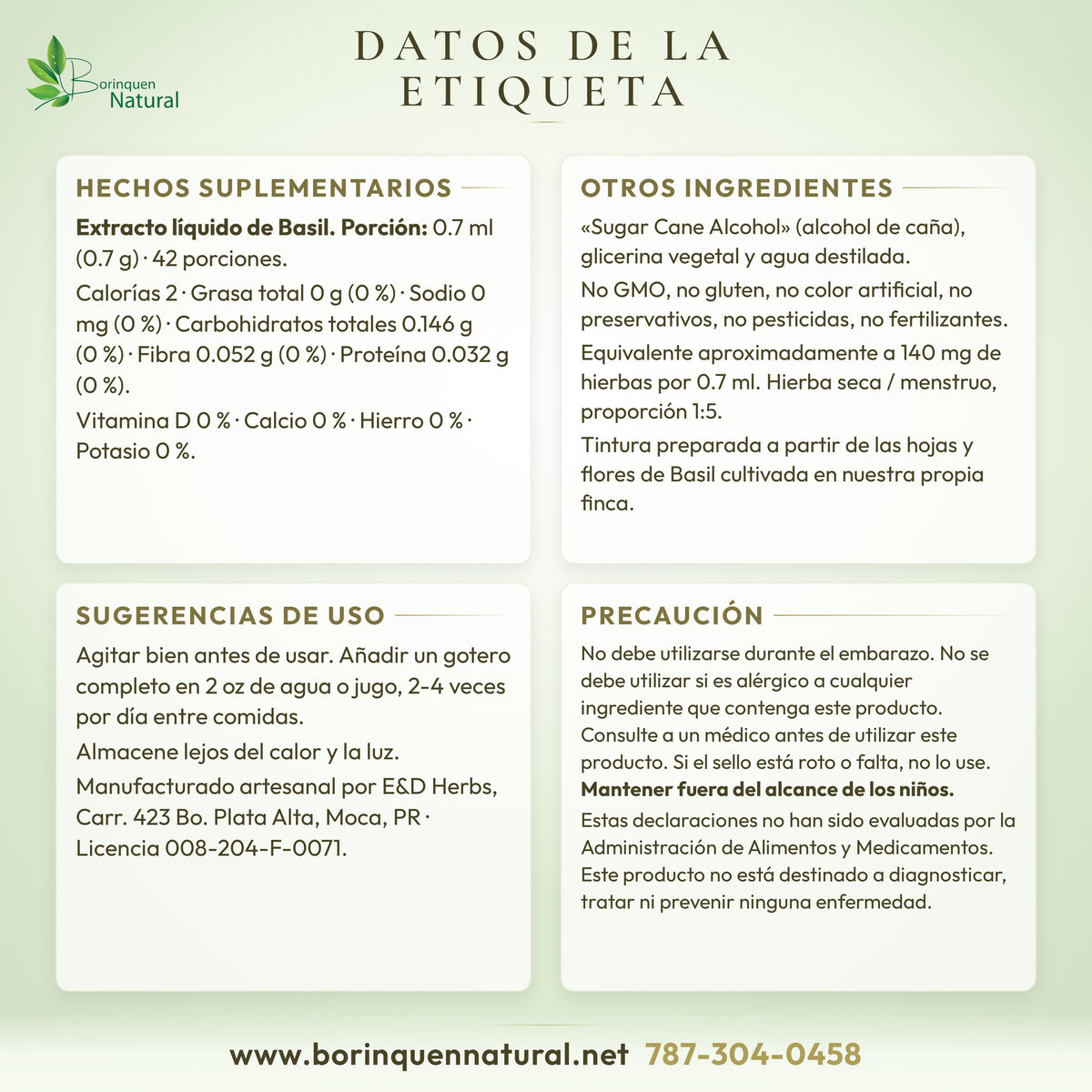 Datos de la etiqueta de las gotas de albahaca E&D Herbs: hechos suplementarios, ingredientes, uso y precaución