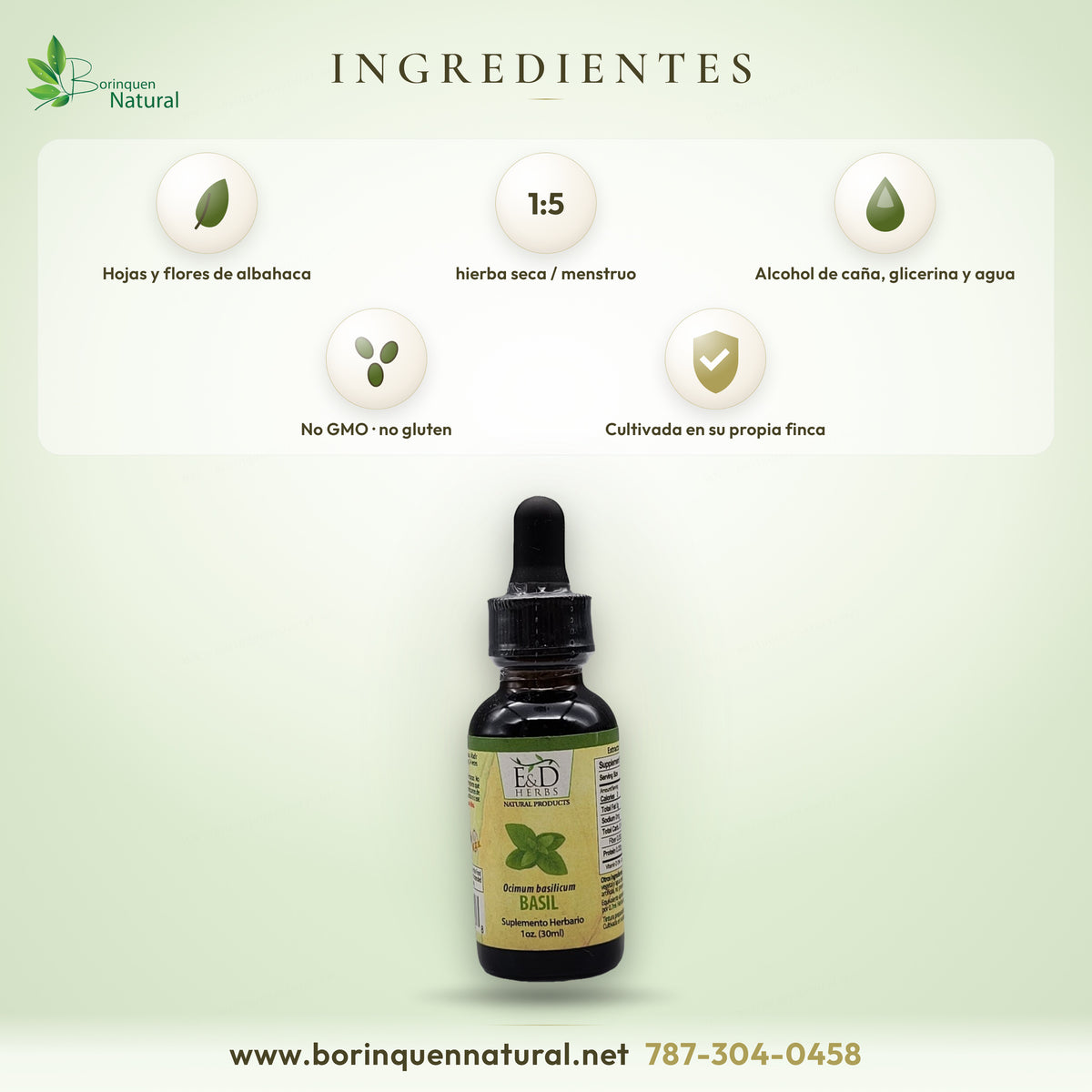 Ingredientes del extracto de albahaca E&D Herbs: hojas y flores de albahaca en alcohol de caña, glicerina y agua