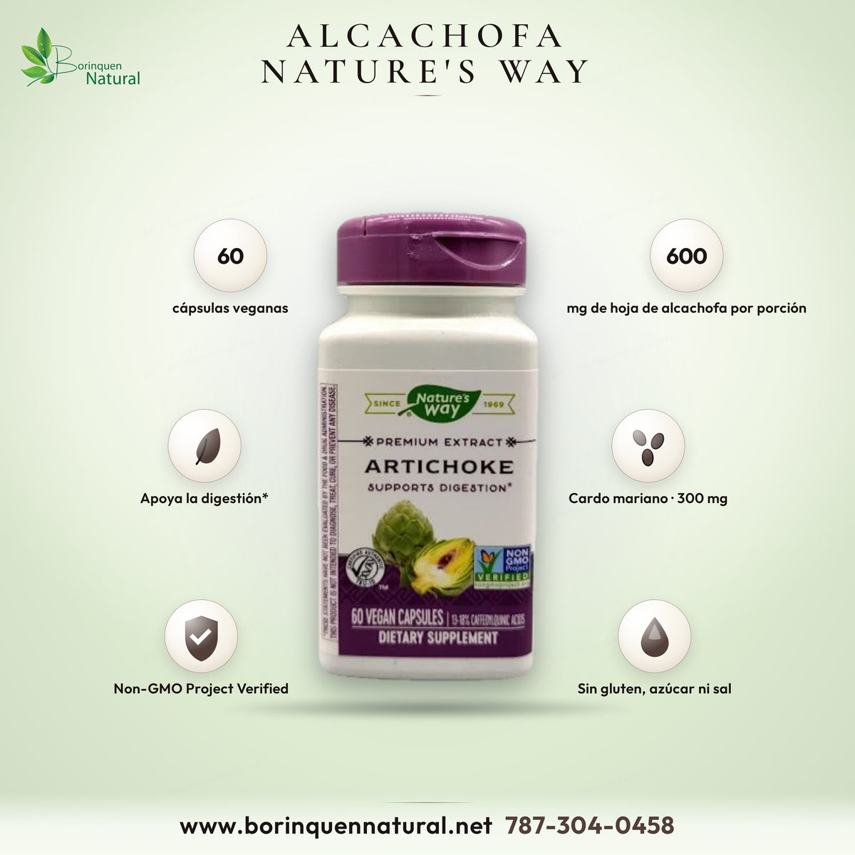Extracto premium de alcachofa de Nature's Way con cardo mariano, frasco de 60 cápsulas veganas