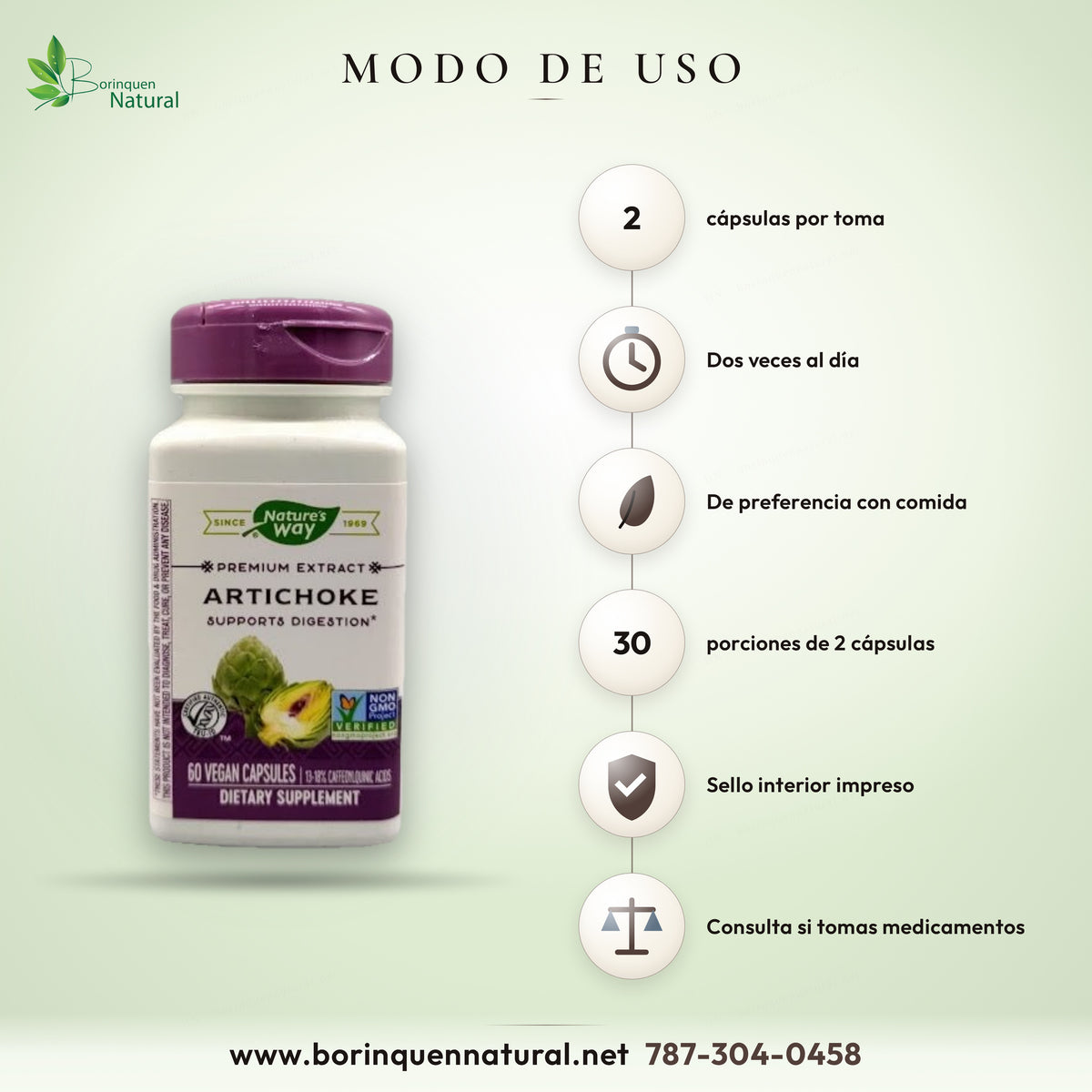 Modo de uso del extracto de alcachofa Nature's Way: 2 cápsulas dos veces al día, de preferencia con comida