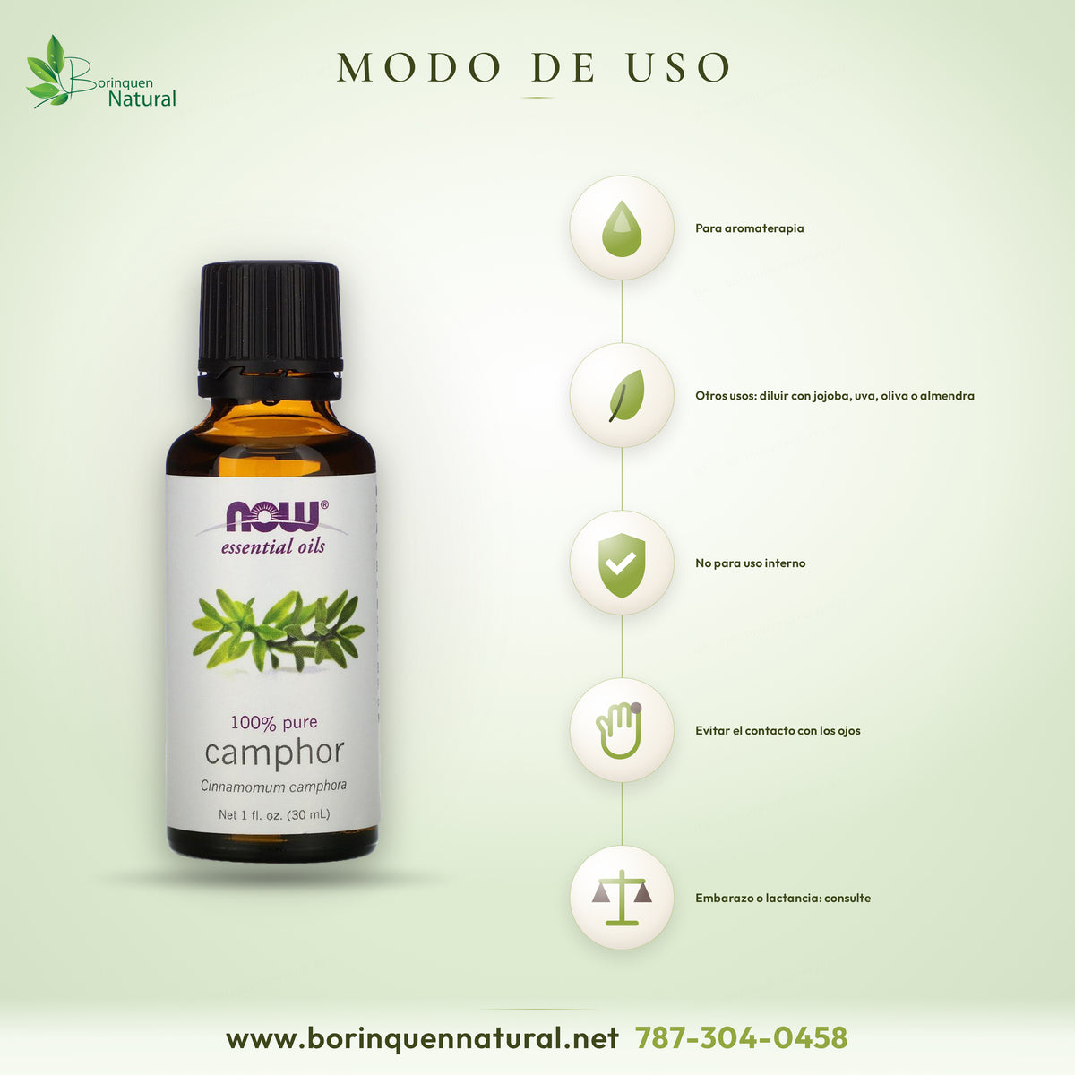 Modo de uso del aceite de alcanfor NOW: para aromaterapia; para otros usos diluir con un aceite portador; no para uso interno