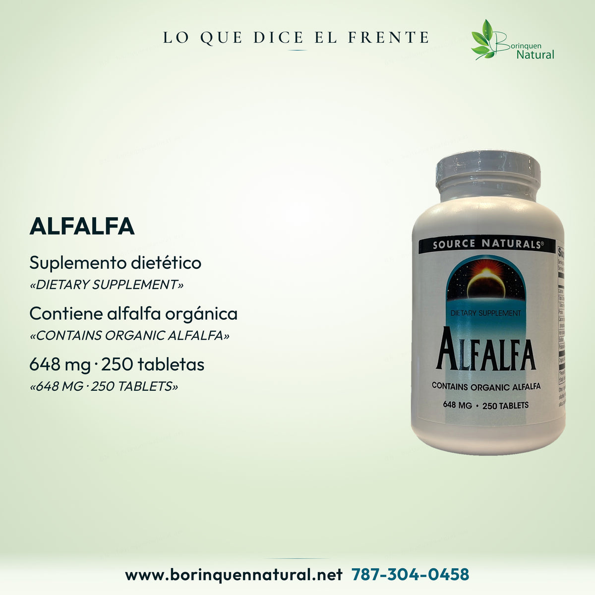 Alfalfa: suplemento dietético, contiene alfalfa orgánica; 648 mg, 250 tabletas.