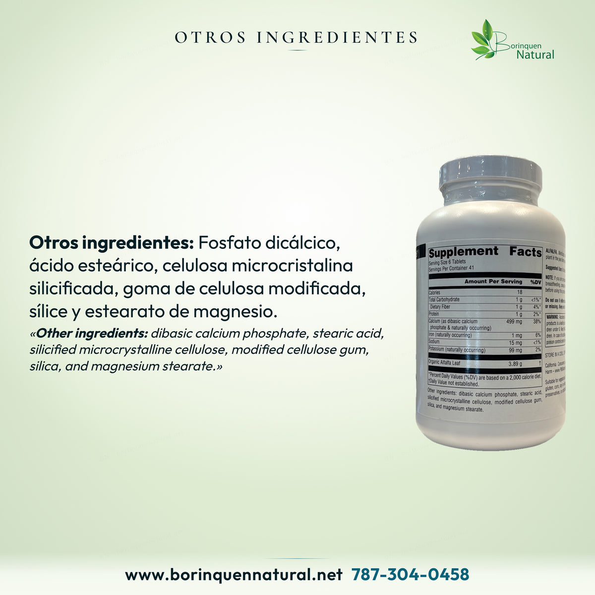 Otros ingredientes de Alfalfa Source Naturals, con el panel real del envase.