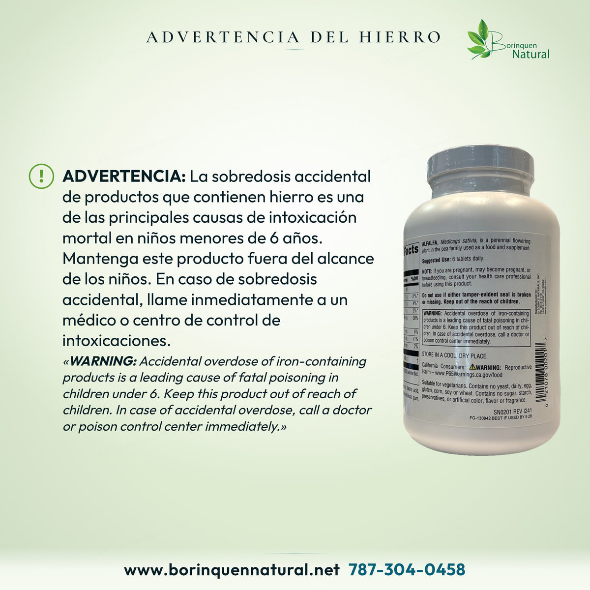 Advertencia sobre sobredosis accidental de productos con hierro y riesgo en niños menores de 6 años.