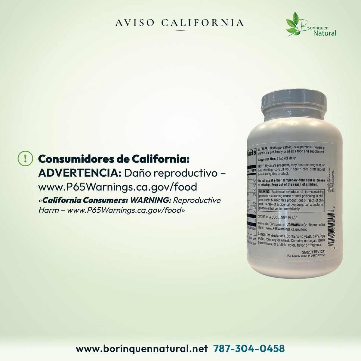 Aviso para consumidores de California: daño reproductivo y dirección de seguridad impresa.