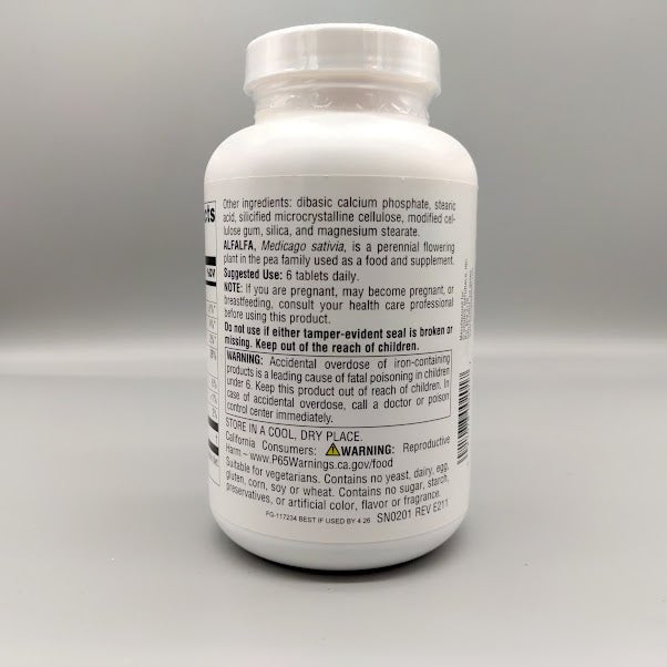 Alfalfa - 648mg - 250 Tabletas de Source Naturals — vista posterior del envase