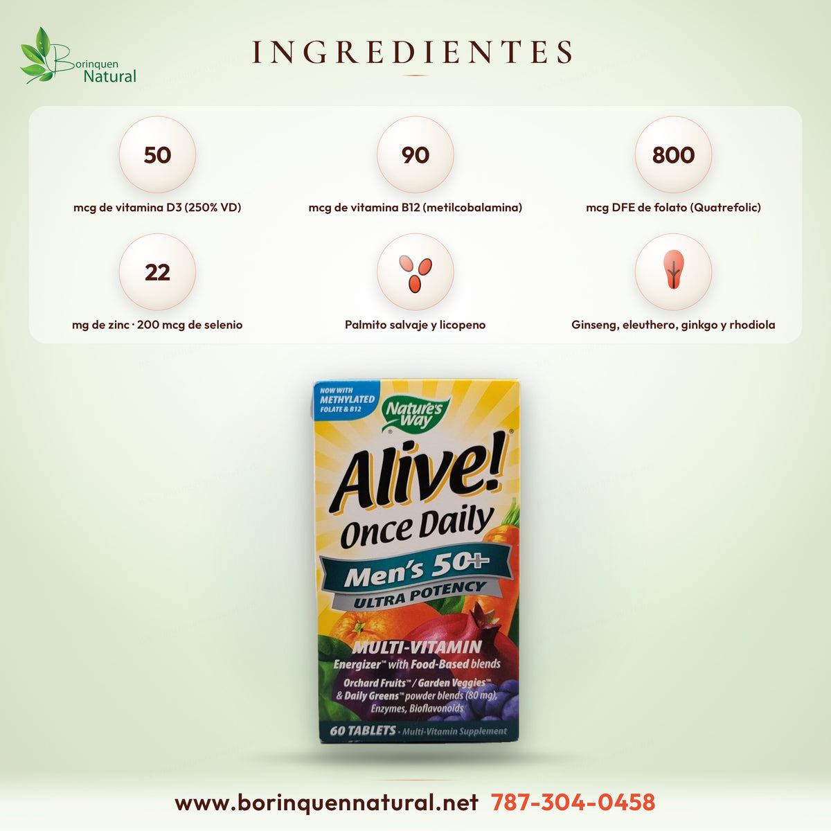 Ingredientes del Alive! Men's 50+: D3 50 mcg, B12 90 mcg, folato 800 mcg DFE, zinc, selenio, palma enana