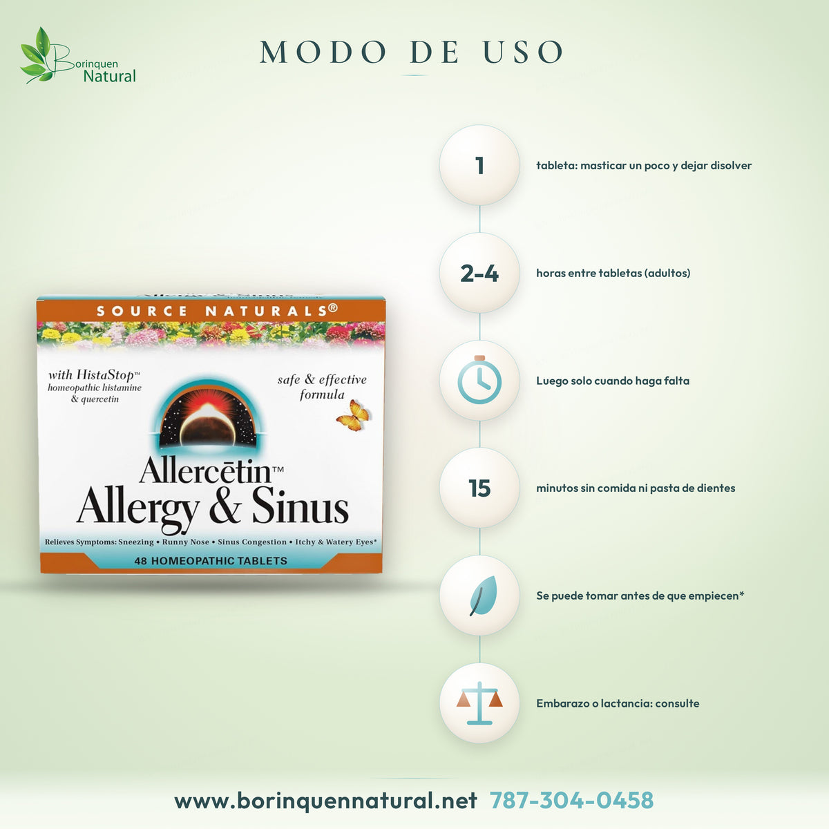Modo de uso del Allercetin: masticar un poco 1 tableta y dejarla disolver en la boca; adultos, una cada 2 a 4 horas hasta que mejoren los síntomas