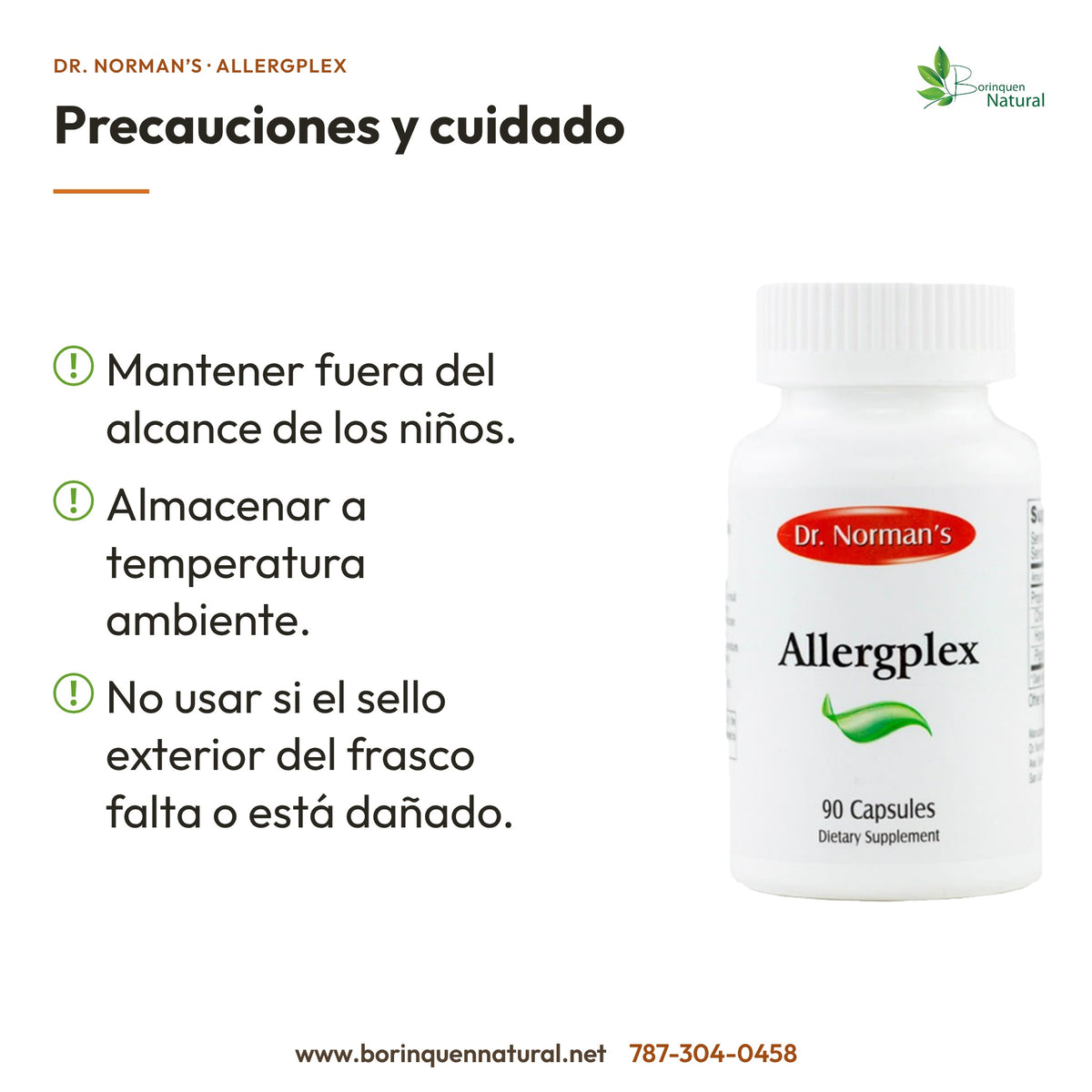 Allergplex: mantener lejos de niños, almacenar a temperatura ambiente; no usar si falta el sello exterior o está dañado.