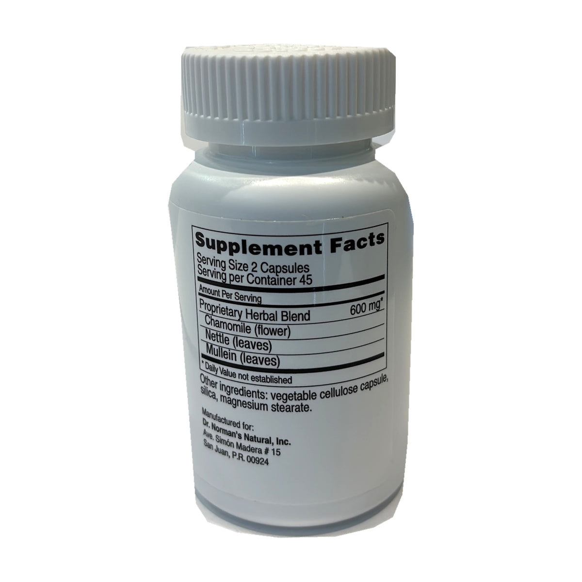Allergplex: foto real del panel, mezcla de hierbas propia de 600 mg, otros ingredientes y datos del fabricante.
