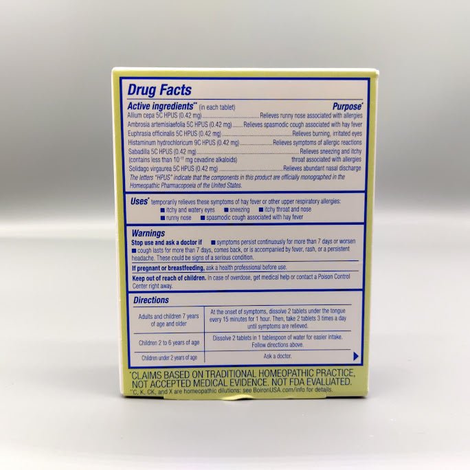 AllergyCalm 60 Tabletas para Alergia y Estornudos PR de Boiron — etiqueta con los ingredientes