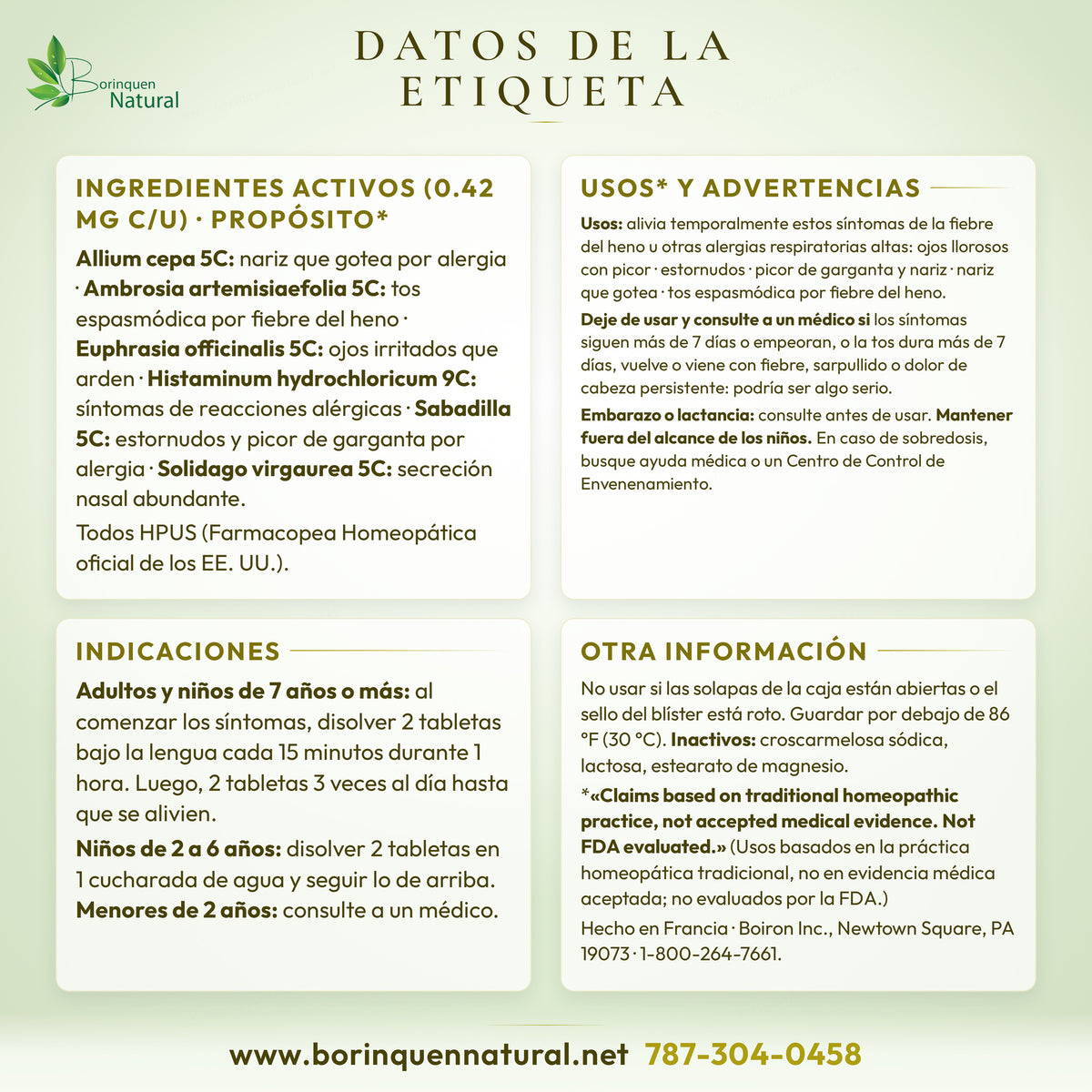 Datos de la etiqueta de AllergyCalm de Boiron: ingredientes activos, usos, advertencias e indicaciones