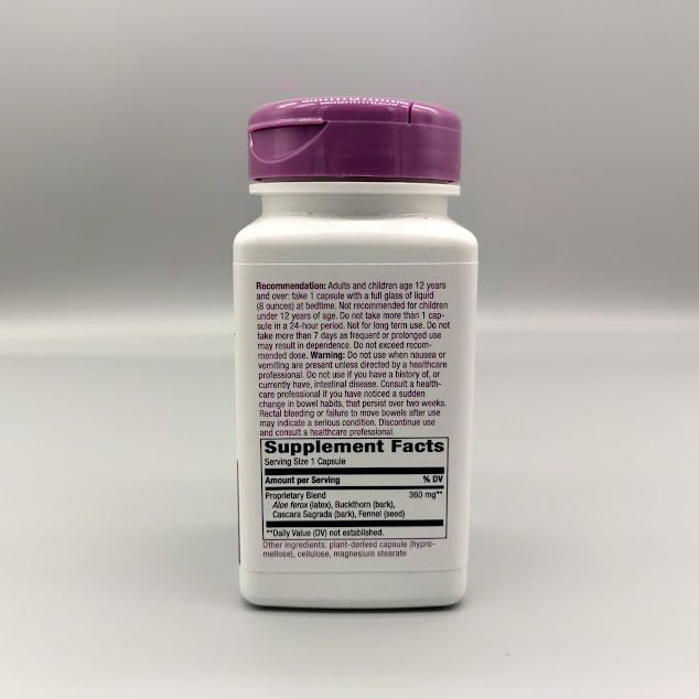 Lado de AloeMaxLax: Recommendation, Warning y Supplement Facts, mezcla de 360 mg y otros ingredientes