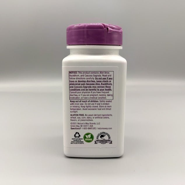 Lado de AloeMaxLax: NOTICE sobre Aloe ferox, Buckthorn y Cascara Sagrada, Gluten Free y sello vegano