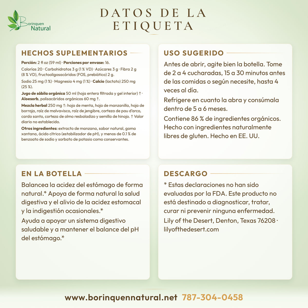Datos de la etiqueta del Aloe Herbal Stomach Formula de Lily of the Desert: hechos suplementarios, uso y lo que dice
