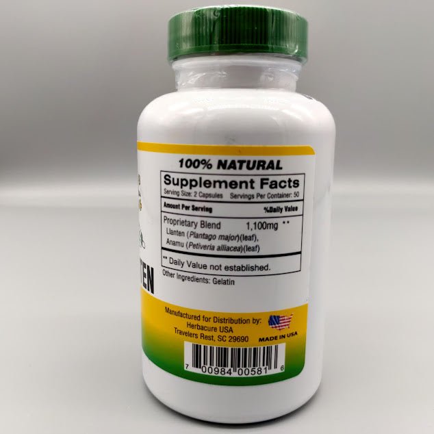 Anamu + Llanten - 1100mg - 100 Capsules de Herbacure — etiqueta del producto (foto de archivo)