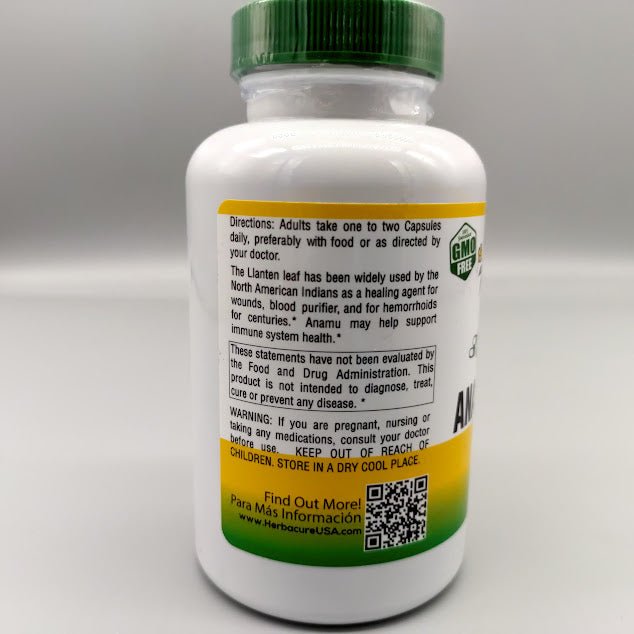 Anamu + Llanten - 1100mg - 100 Capsules de Herbacure — vista posterior (foto de archivo)