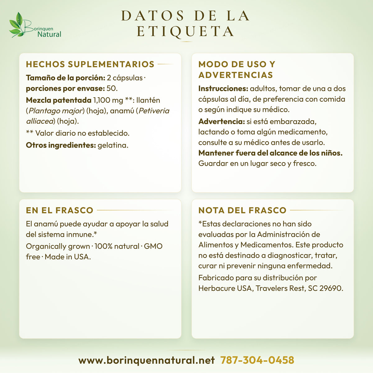 Datos de la etiqueta del Anamú Llantén de Herbacure: hechos suplementarios, otros ingredientes, modo de uso, advertencias y lo que dice el frasco