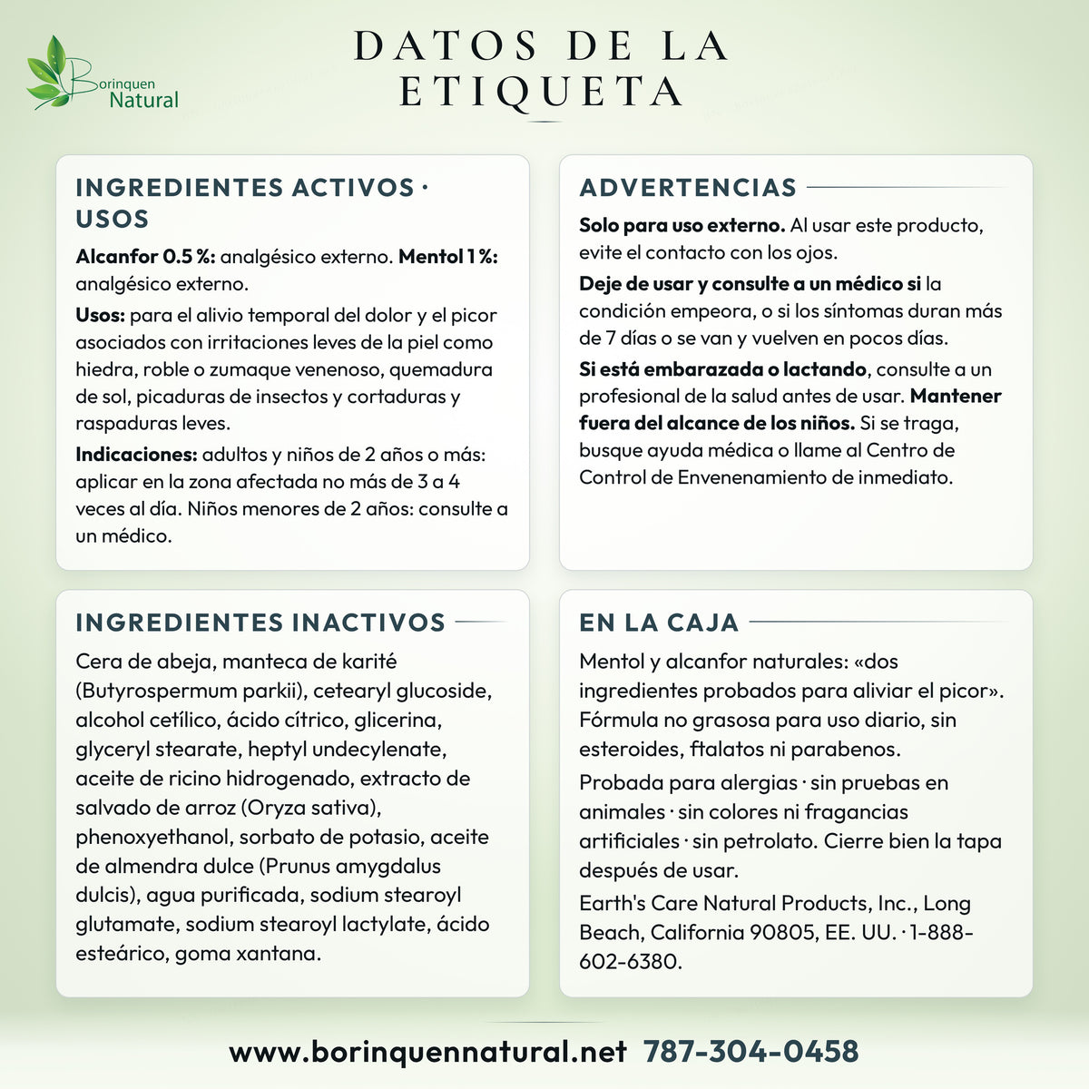 Datos de la etiqueta de la crema anti-picor Earth's Care: ingredientes activos, usos, advertencias e indicaciones