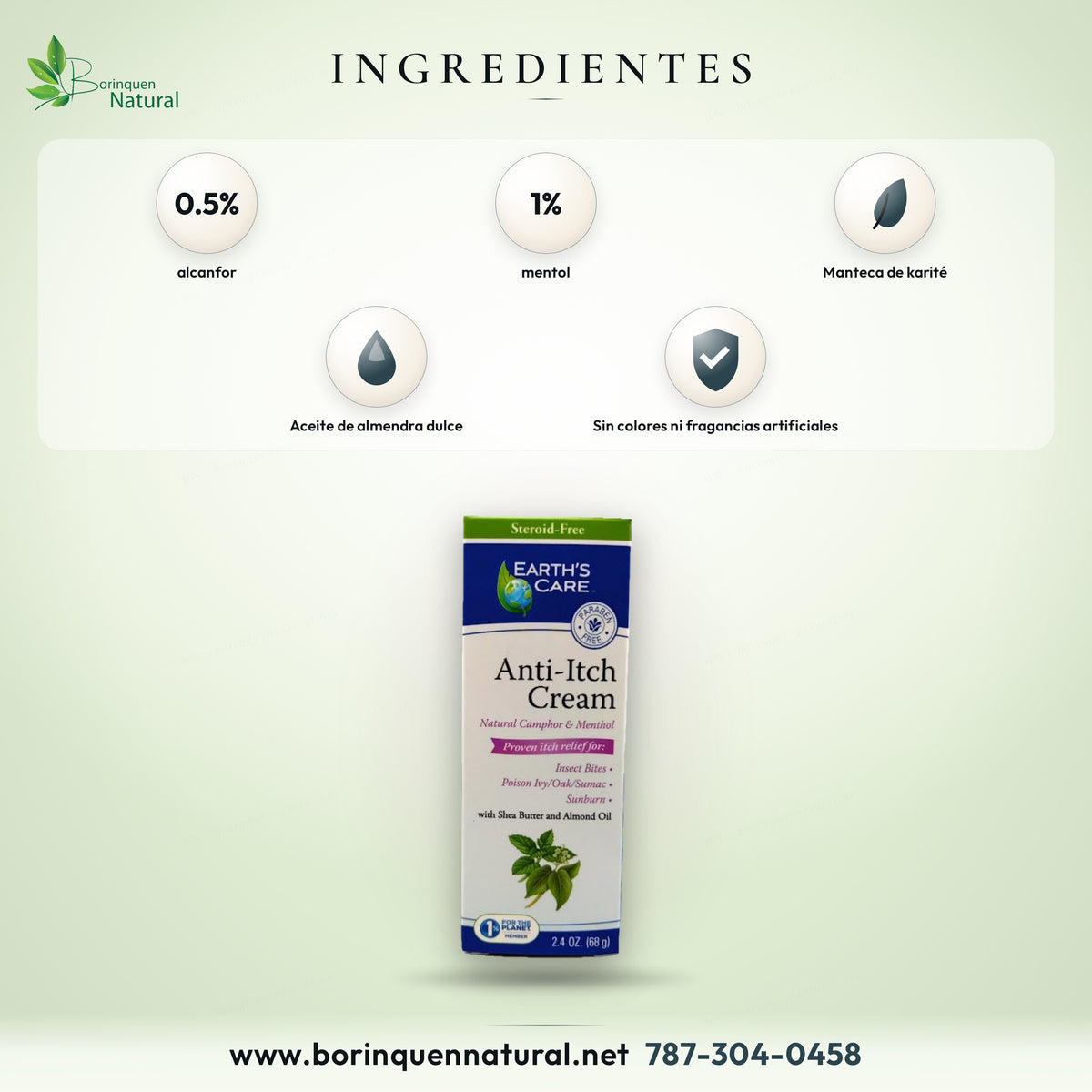 Ingredientes de la crema anti-picor Earth's Care: alcanfor 0.5 %, mentol 1 %, manteca de karité y aceite de almendra