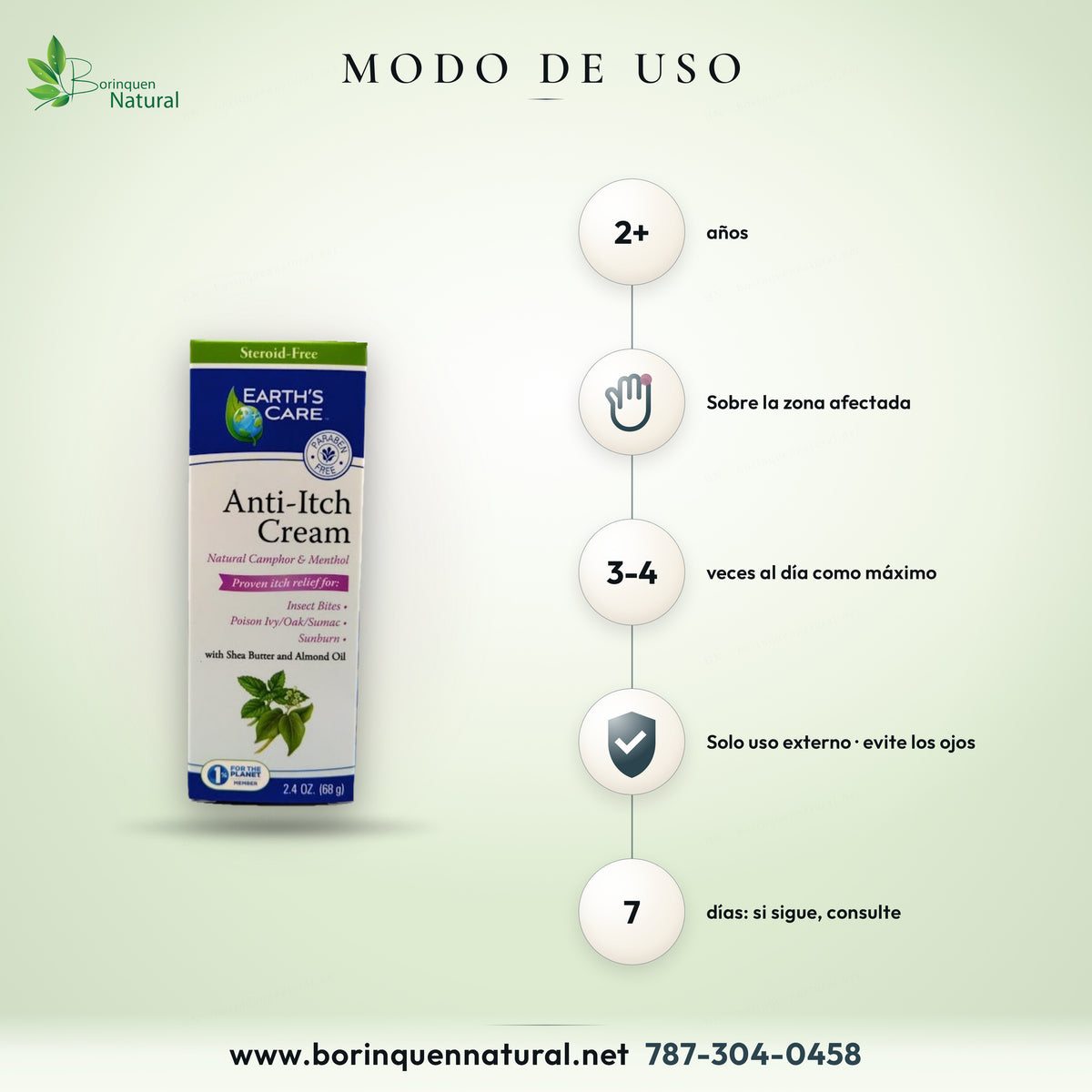 Modo de uso de la crema anti-picor Earth's Care: desde 2 años, en la zona afectada hasta 3 a 4 veces al día